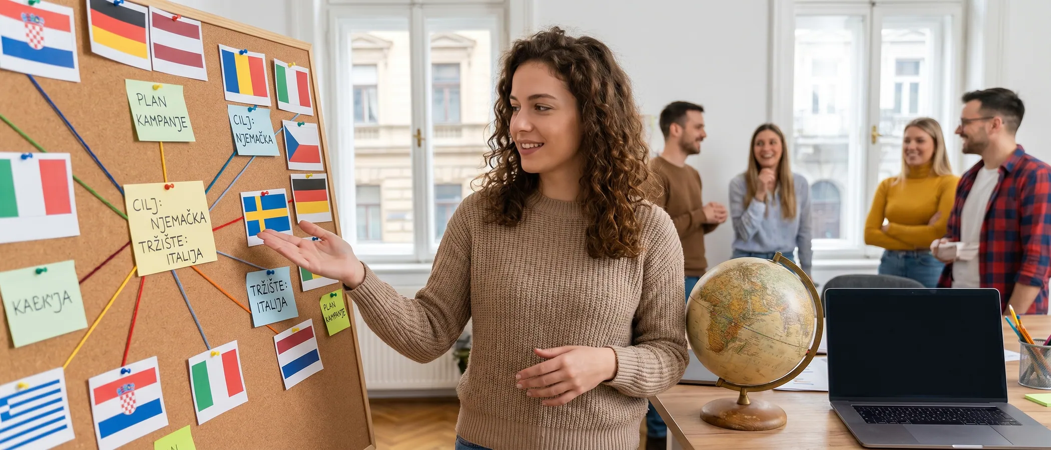 Marketingaš radi na višejezičnim Google Ads kampanjama na laptopu za modernim radnim stolom