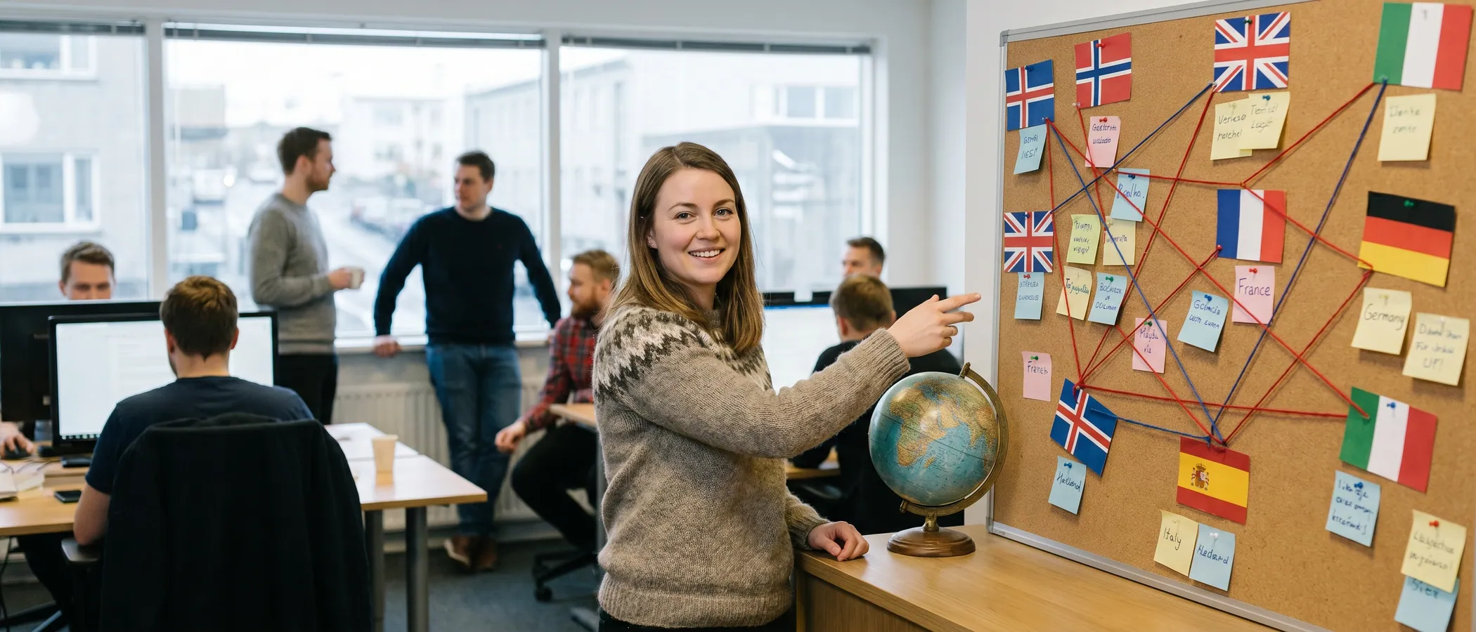 Markaðsmaður vinnur með fjöltyngdar Google Ads herferðir á fartölvu við bjart skrifborð