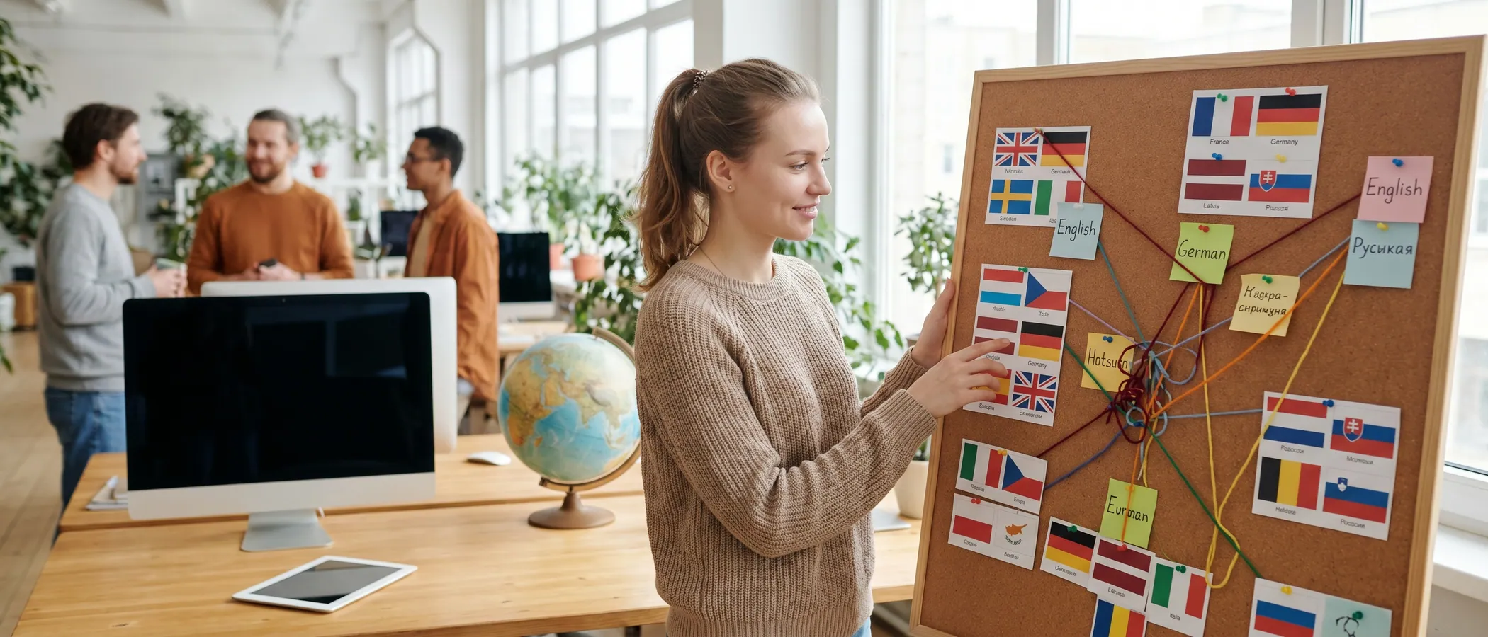 Mārketinga speciālists pie klēpjdatora modernā birojā pārvalda daudzvalodu Google Ads kampaņas