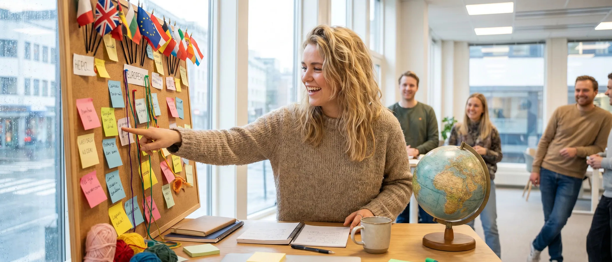 Markedsfører setter opp flerspråklige Google Ads-kampanjer på laptop ved et moderne skrivebord
