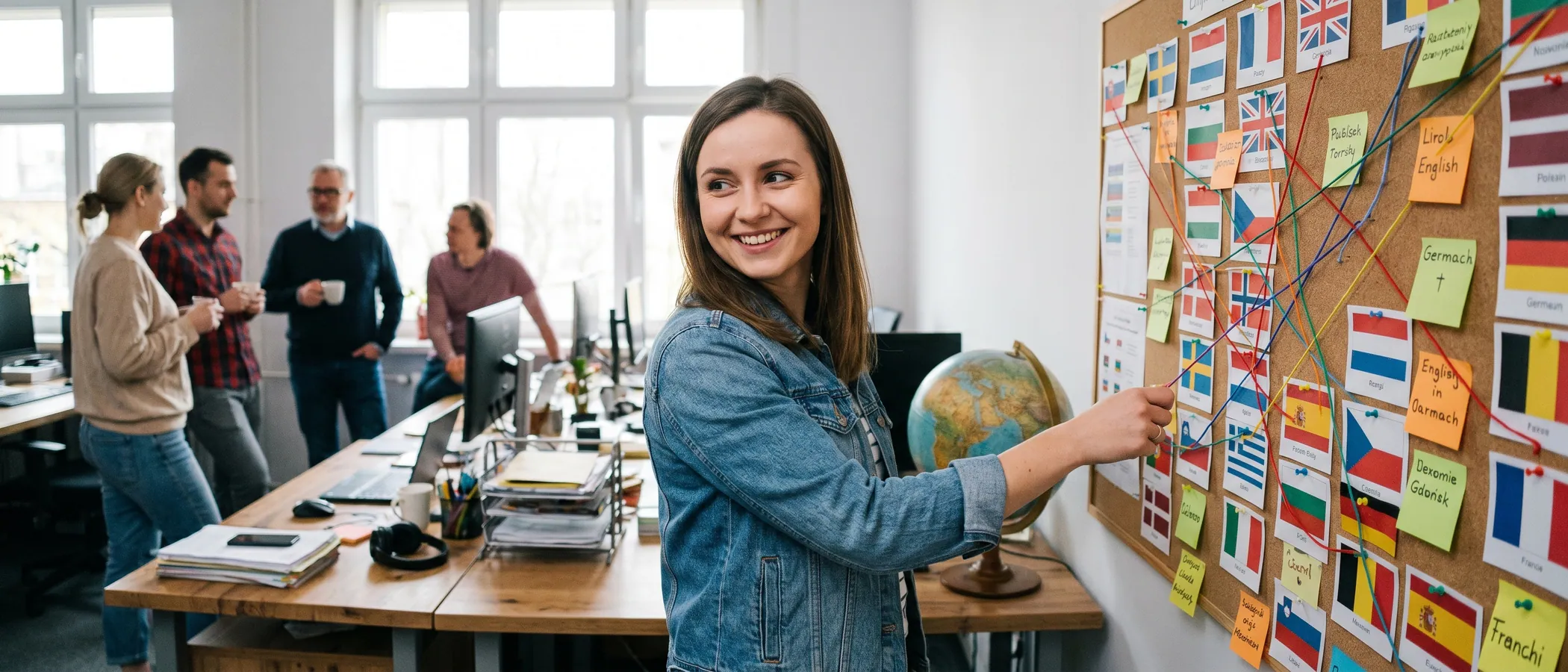 Marketer zarządza wielojęzycznymi kampaniami Google Ads na laptopie przy nowoczesnym biurku