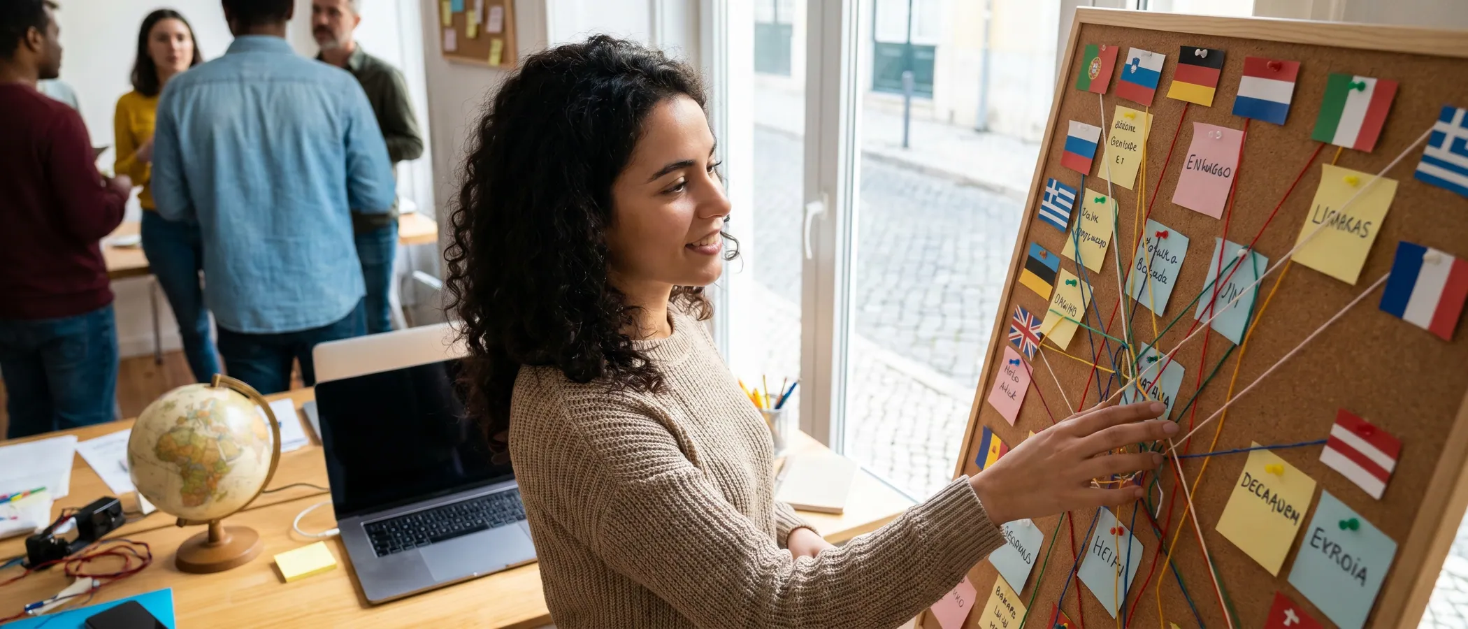 Profissional de marketing a gerir campanhas Google Ads multilingues no computador num escritório moderno