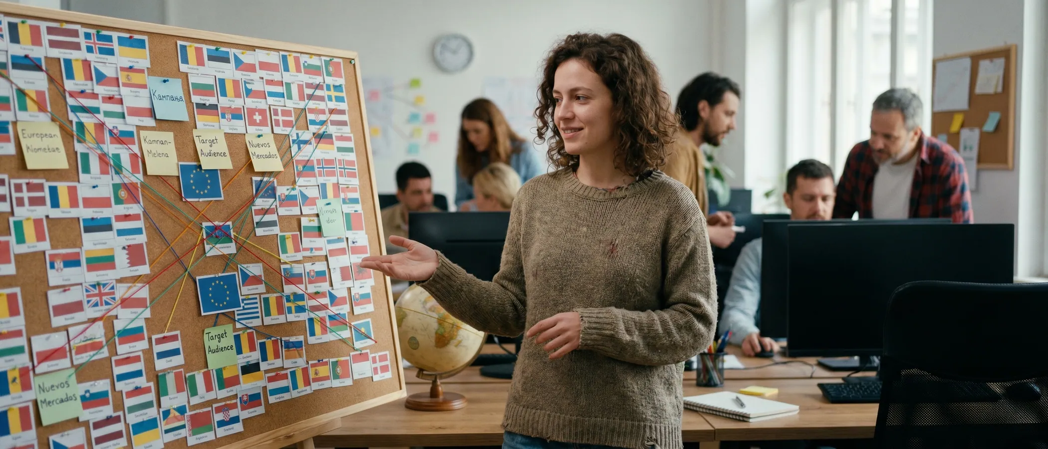 Marketar upravlja višejezičnim Google Ads kampanjama za laptopom za modernim radnim stolom