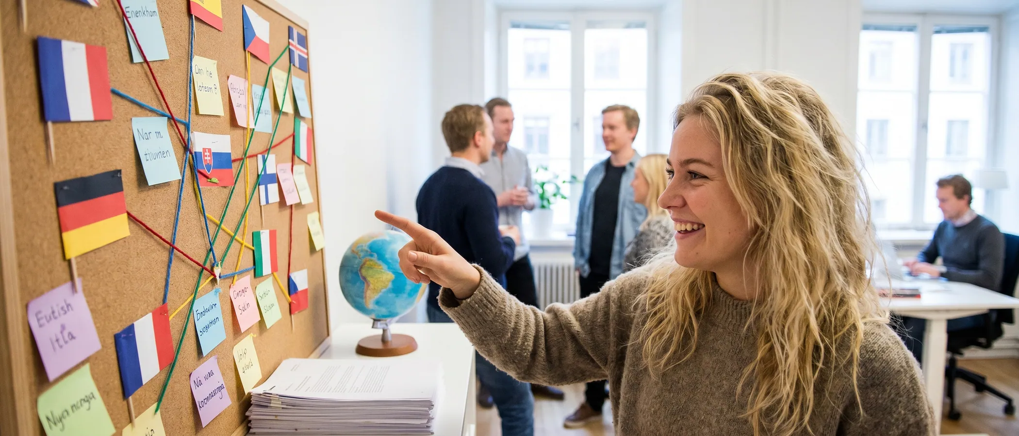Marknadsförare arbetar med flerspråkiga Google Ads-kampanjer på en laptop vid ett modernt skrivbord